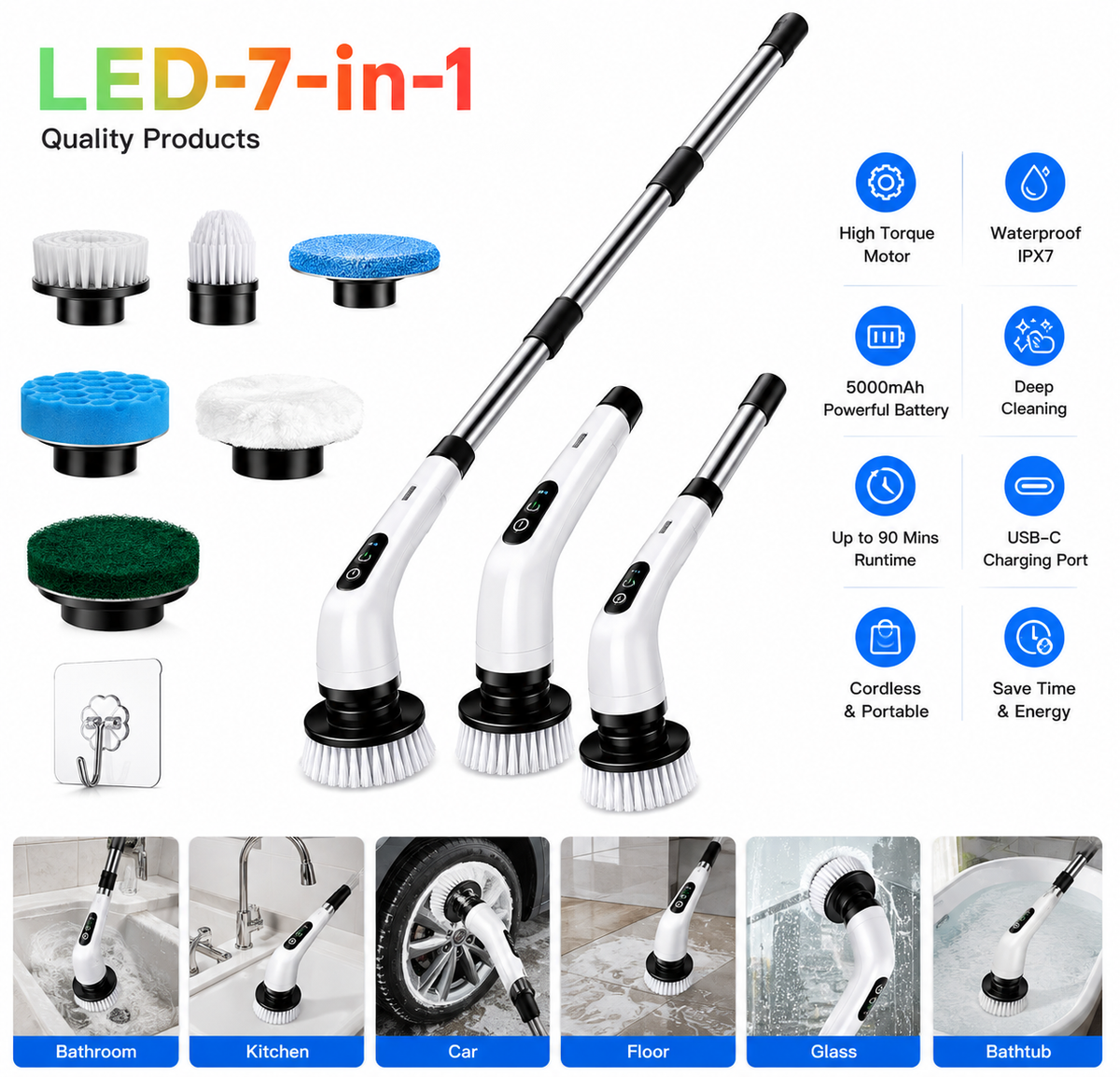 NEXORAX Premium Electric Spin Scrubber (7-in-1 Cordless)